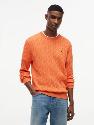Cable Knit Crewneck Sweater, Citrus Orange