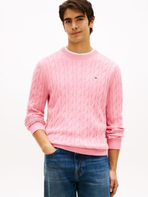 Cable Knit Crewneck Sweater, Fresh Pink