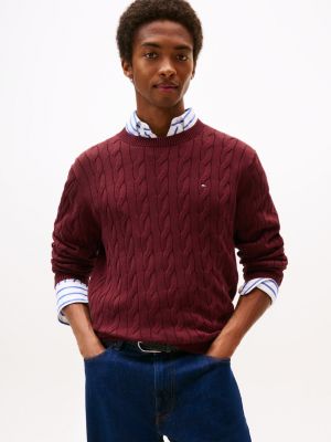 Cable Knit Crewneck Sweater, Deep Rouge