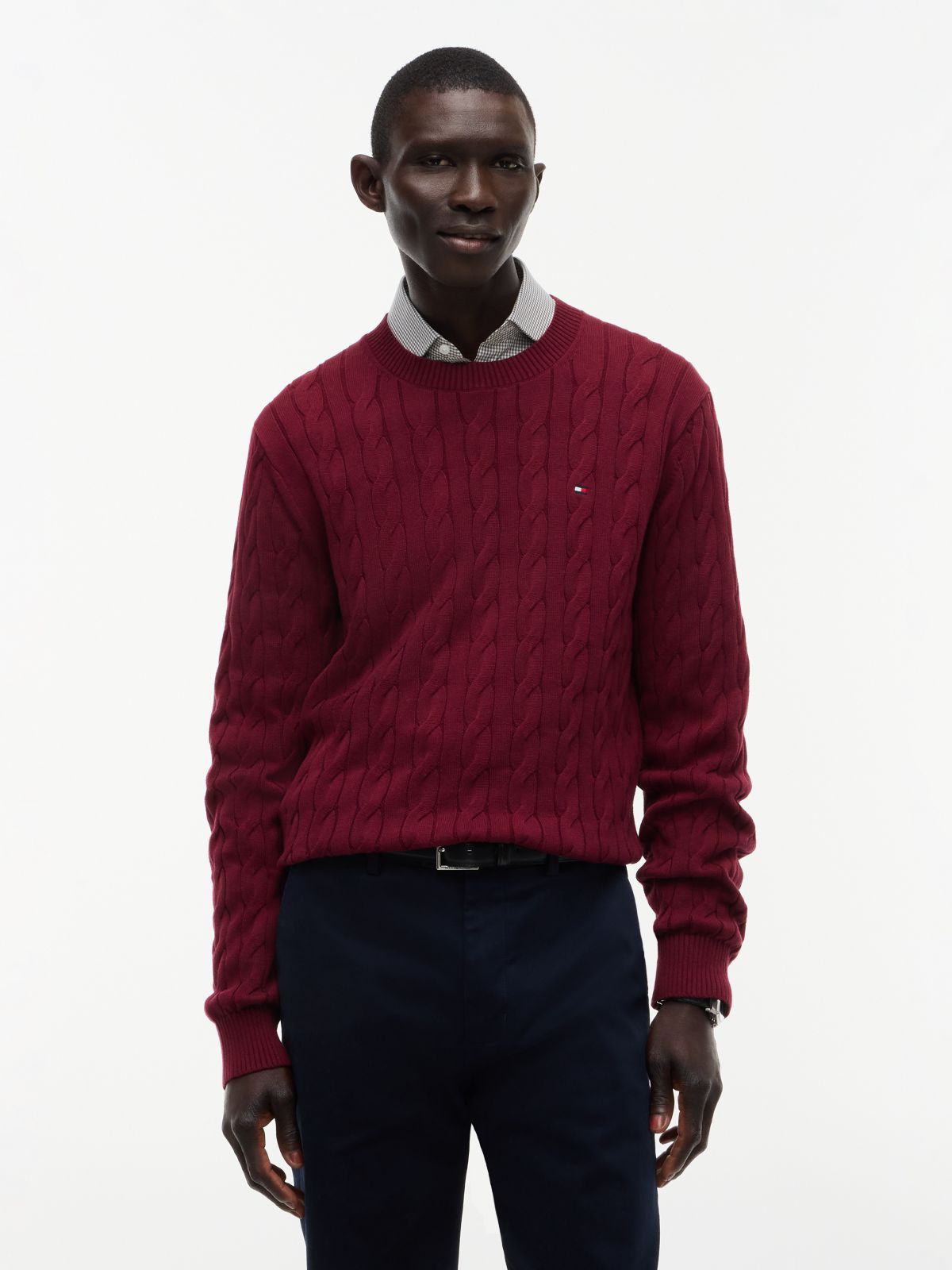 Cable Knit Crewneck Sweater — Deep Rouge