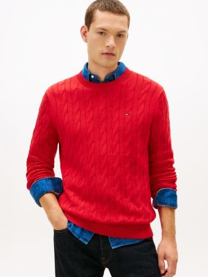 Cable Knit Crewneck Sweater, Primary Red