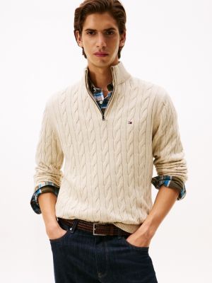 Cable Knit Mockneck Sweater, Ivory Heather