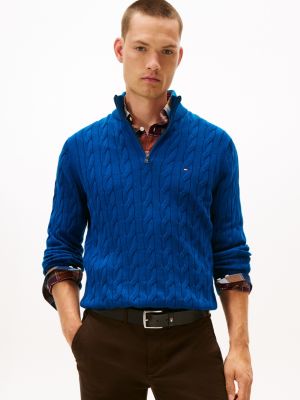Cable Knit Mockneck Sweater, Deep Indigo