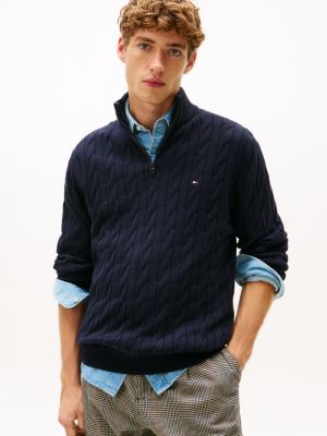 Cable Knit Mockneck Quarter-Zip Sweater, Navy