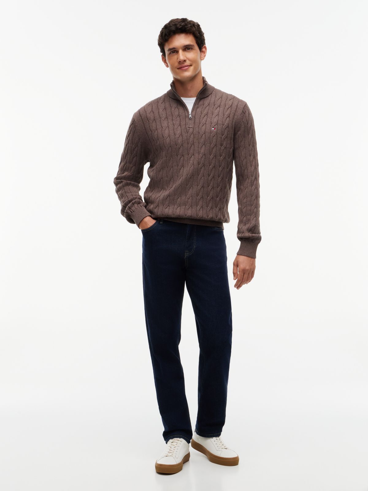 Cable Knit Quarter-Zip Sweater — Brown Heather
