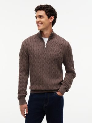 Cable Knit Quarter-Zip Sweater, Brown Heather