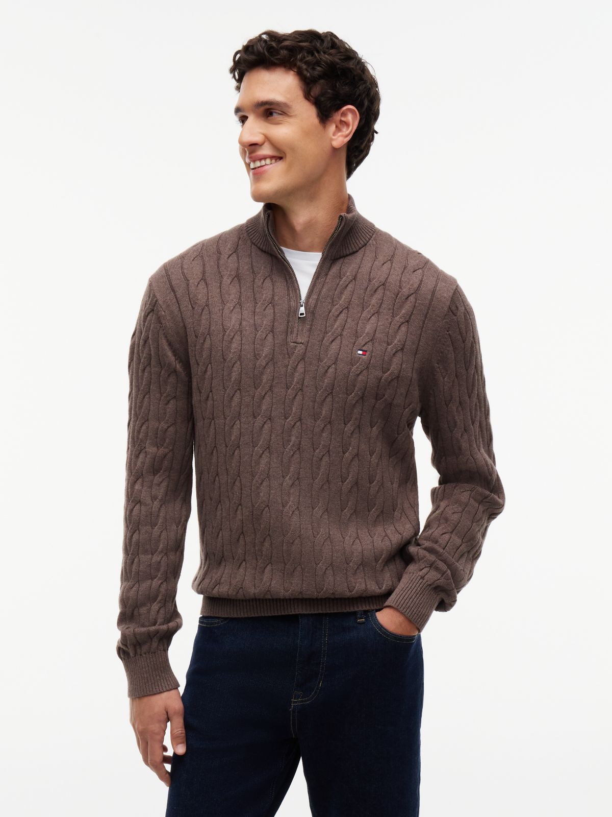 Cable Knit Quarter-Zip Sweater — Brown Heather