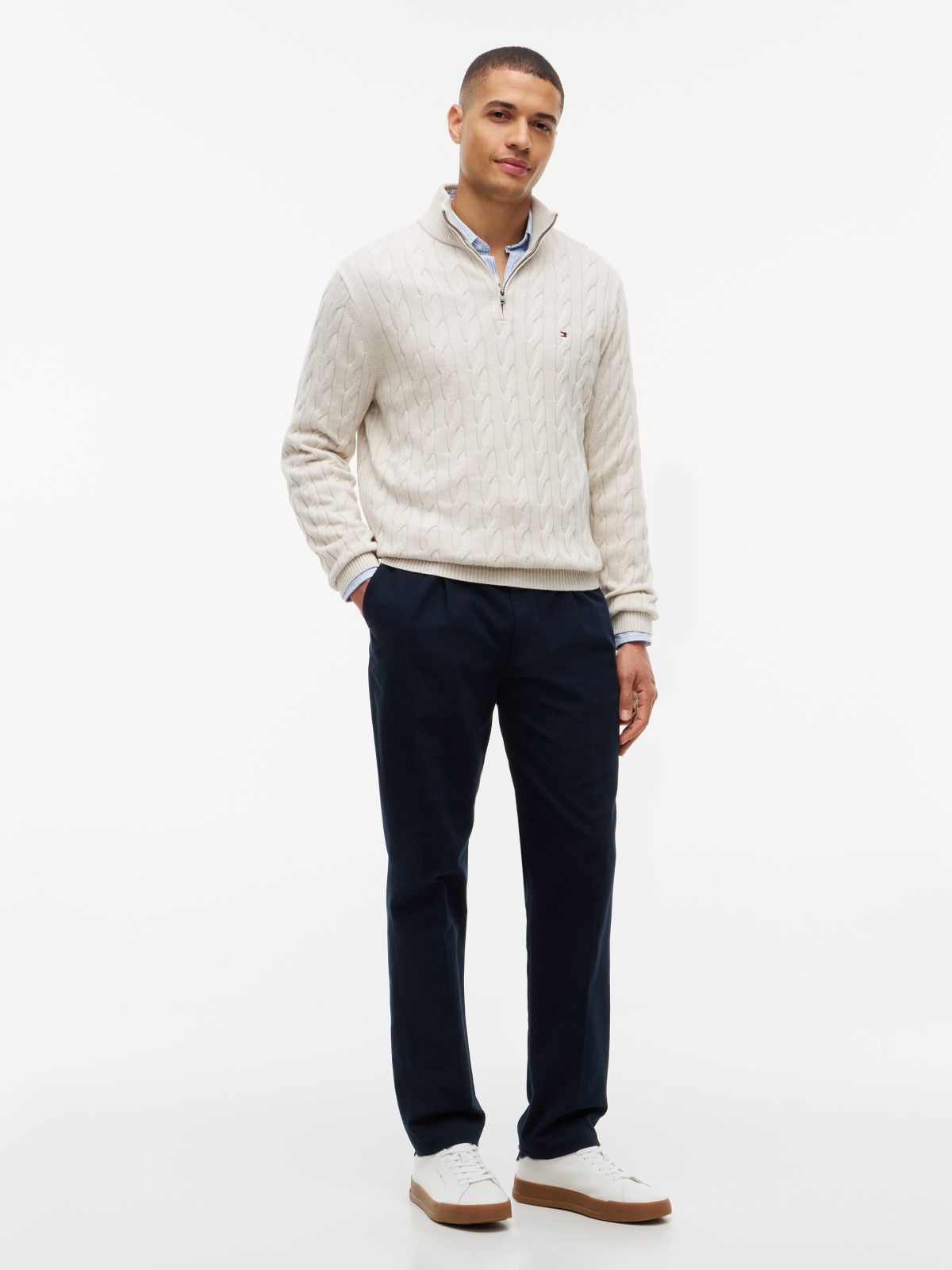 Cable Knit Quarter-Zip Sweater — Classic Beige