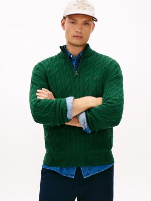 Cable Knit Quarter-Zip Sweater, Ornamental Green