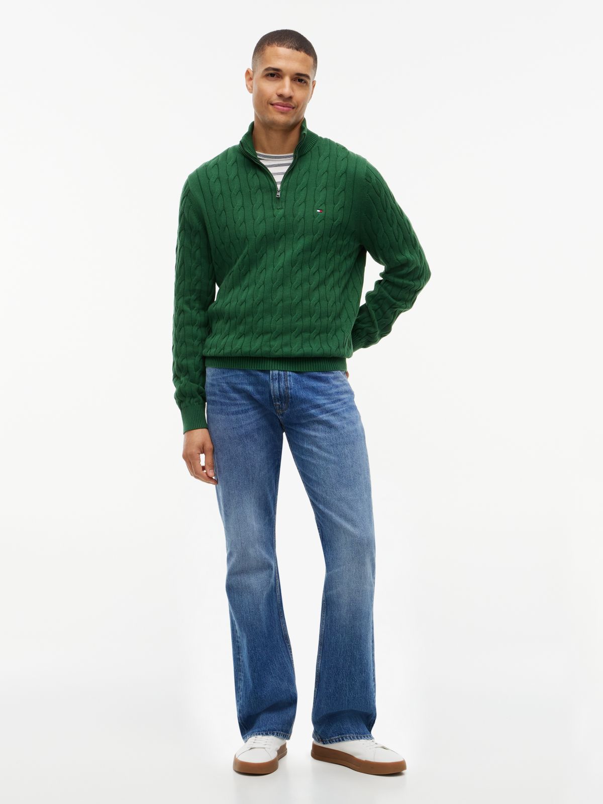 Cable Knit Quarter-Zip Sweater — Deep Evergreen