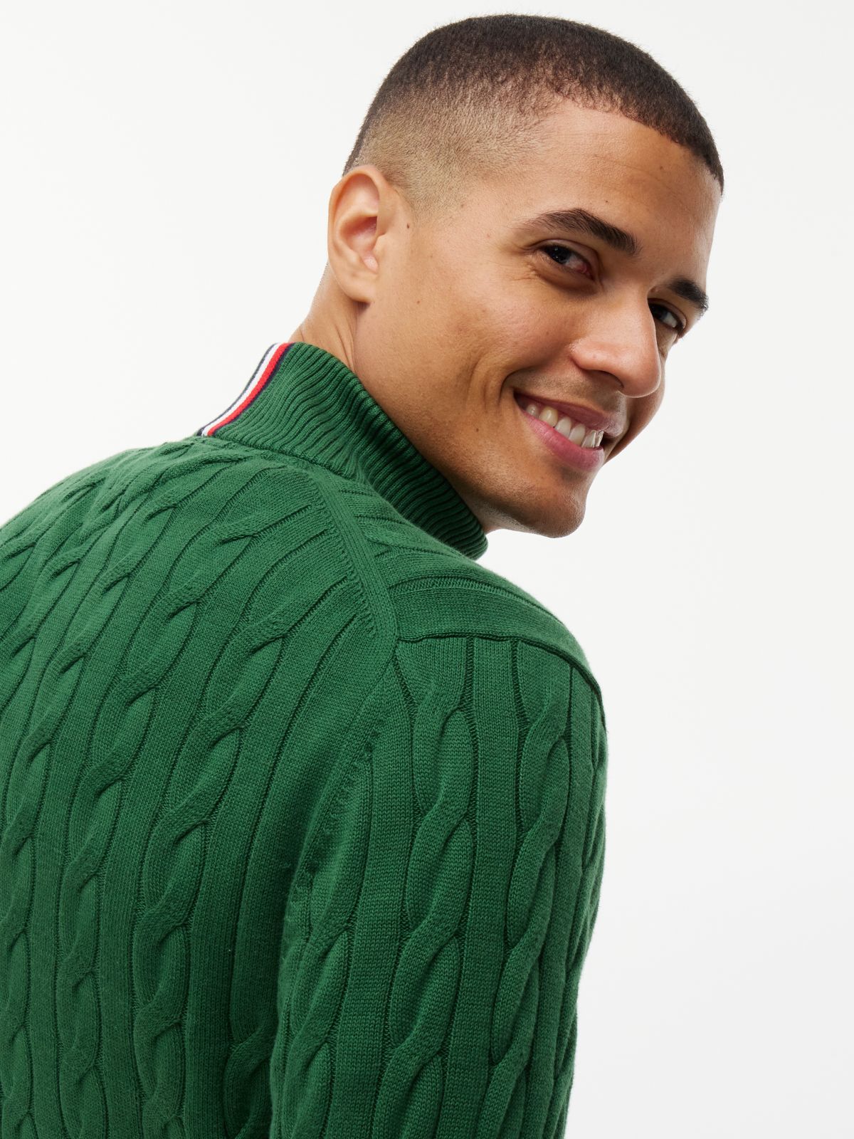 Cable Knit Quarter-Zip Sweater — Deep Evergreen