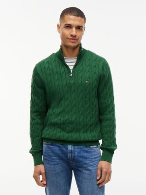 Cable Knit Quarter-Zip Sweater, Deep Evergreen