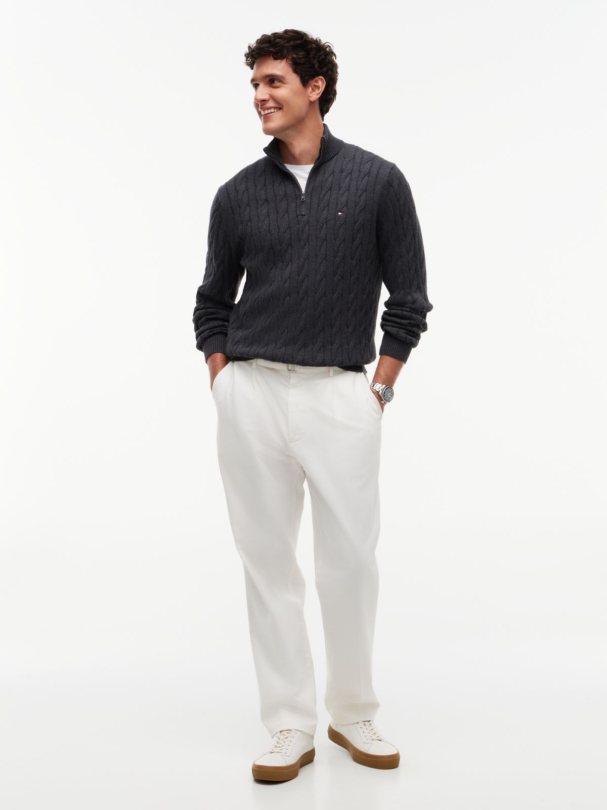 Cable Knit Quarter-Zip Sweater — Charcoal