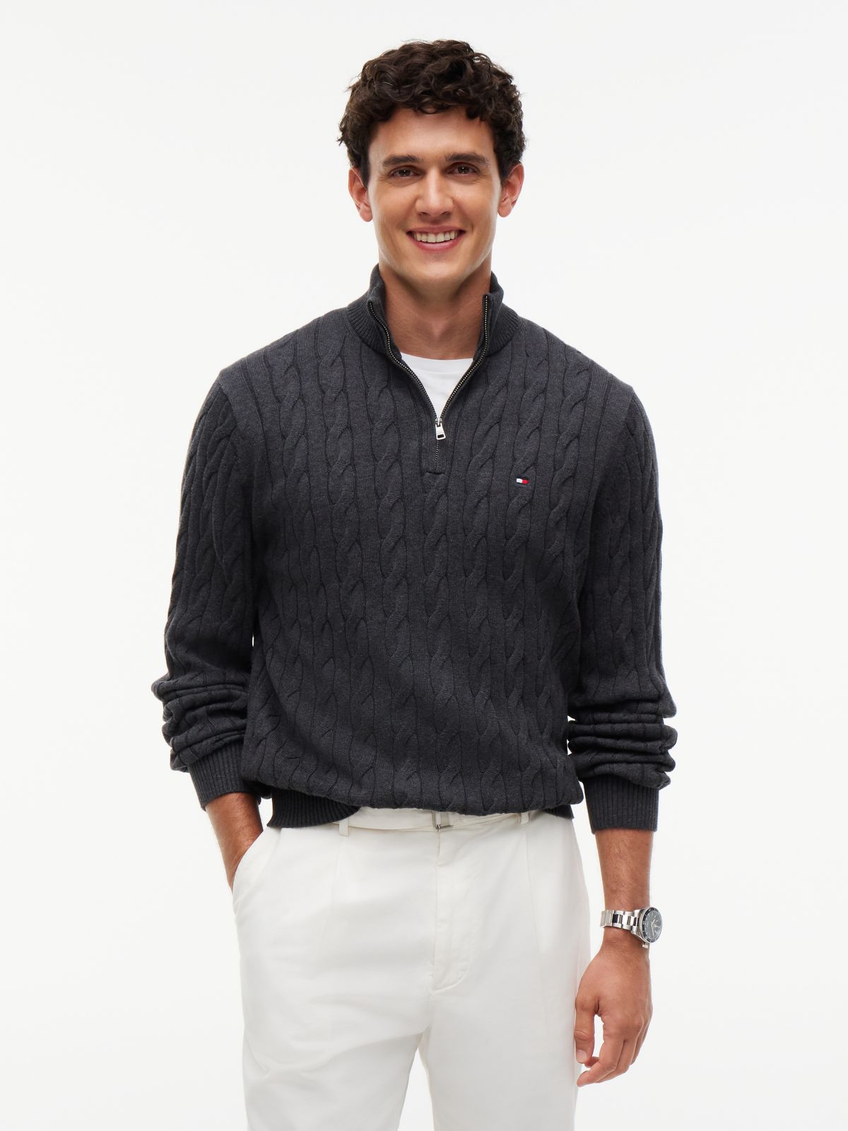 Cable Knit Quarter-Zip Sweater — Charcoal