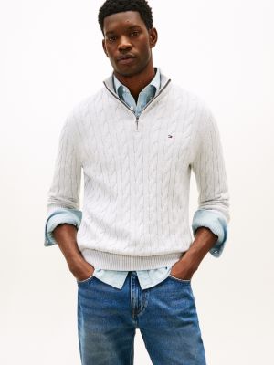 Cable Knit Quarter-Zip Sweater, Ice Grey Heather