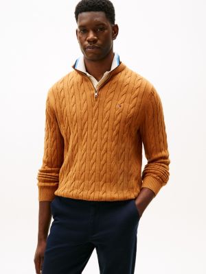 Cable Knit Mockneck Sweater, Spice Brown Heather