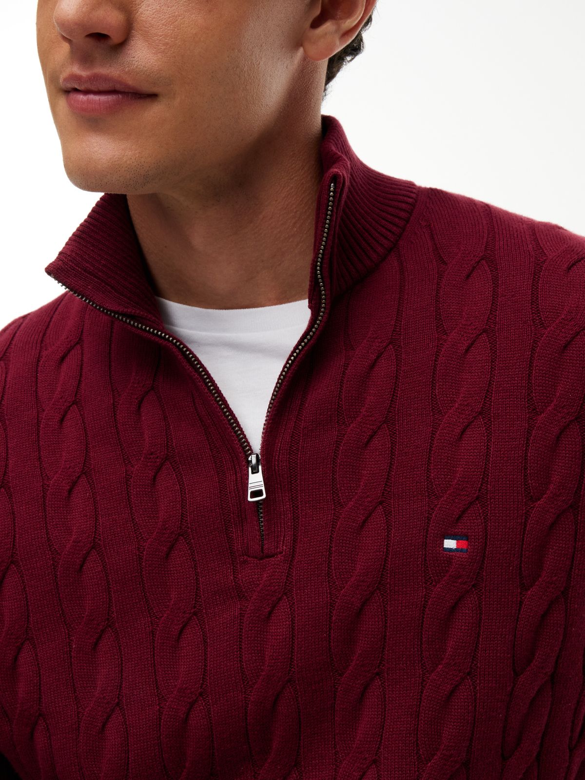 Cable Knit Quarter-Zip Sweater — Burgundy