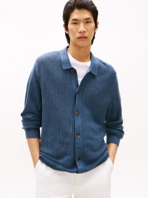 Wool-Blend Collared Cardigan, Blue