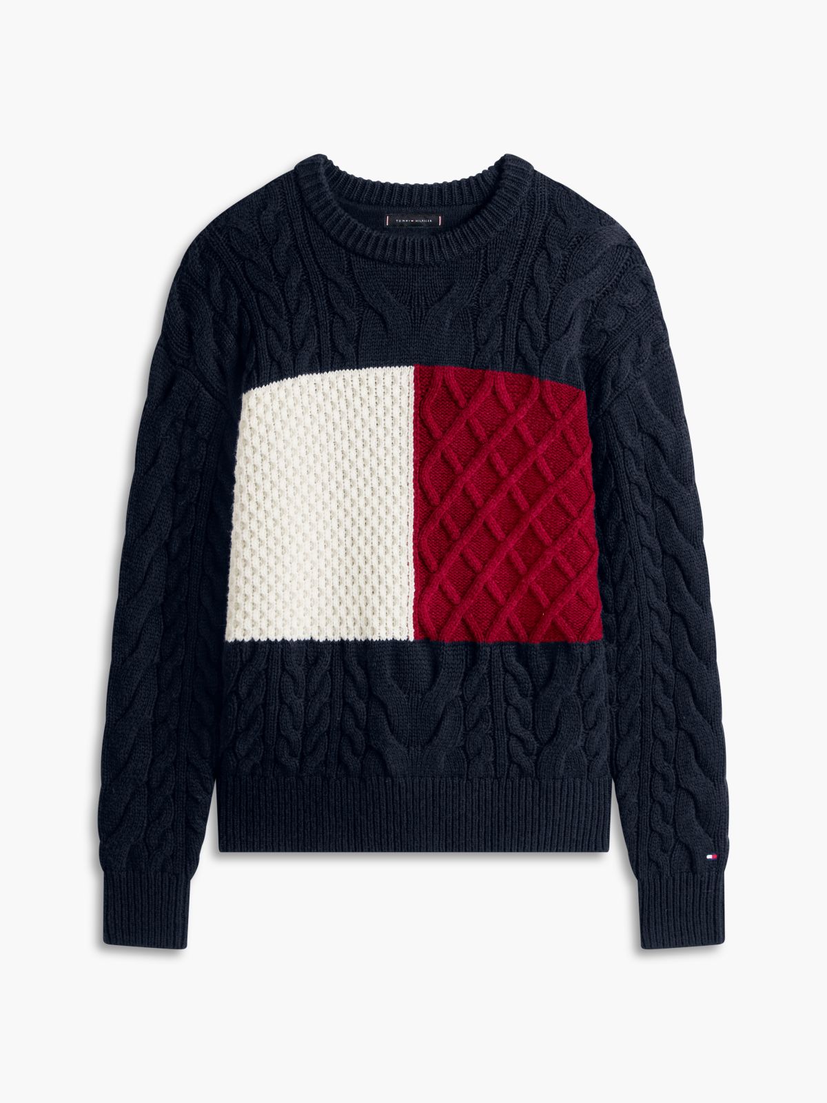Wool-Blend Cable Knit Flag Sweater — Navy Blue