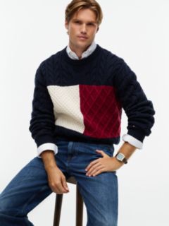 Wool-Blend Cable Knit Flag Sweater — Navy Blue 3