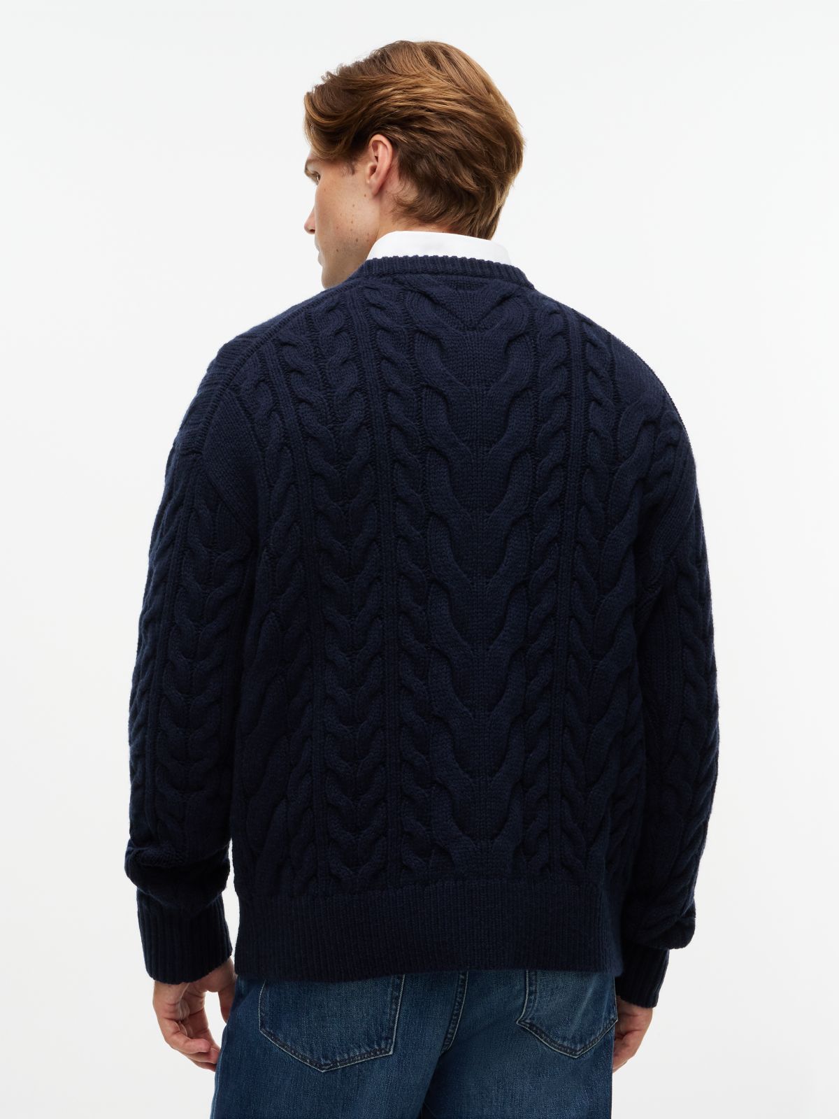 Wool-Blend Cable Knit Flag Sweater — Navy Blue