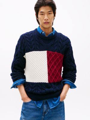 Wool-Blend Cable Knit Flag Sweater, Navy