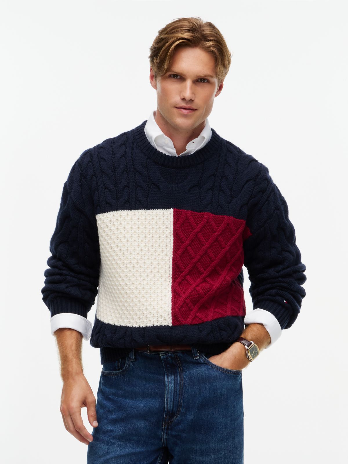 Wool-Blend Cable Knit Flag Sweater — Navy Blue