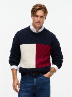 Wool-Blend Cable Knit Flag Sweater — Navy Blue 1