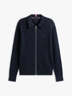 Cable Knit Zip Polo Cardigan — Navy Blue 5