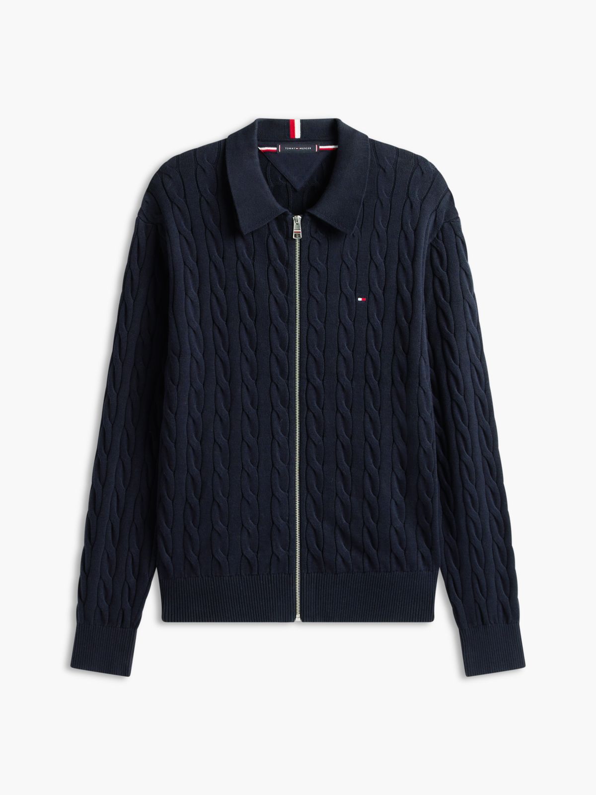 Cable Knit Zip Polo Cardigan — Navy Blue