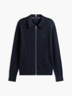 Cable Knit Zip Polo Cardigan — Navy Blue 6