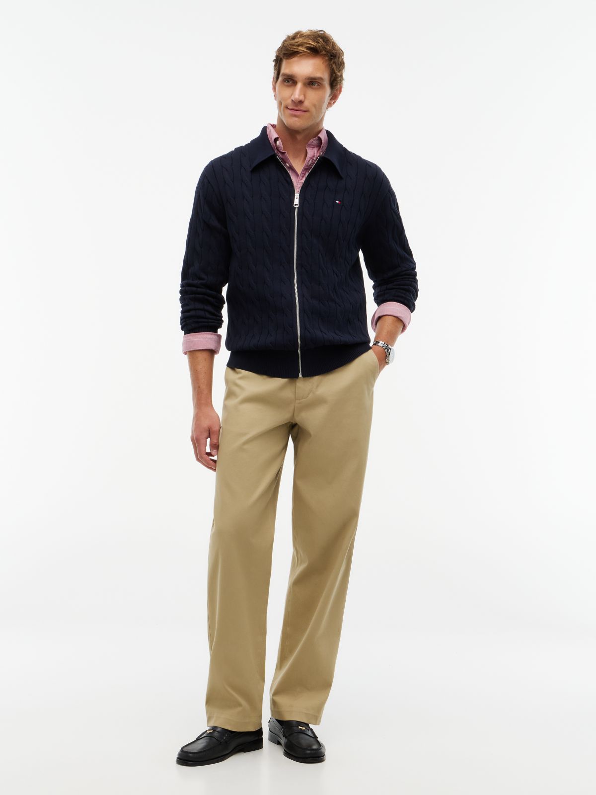 Cable Knit Zip Polo Cardigan — Navy Blue