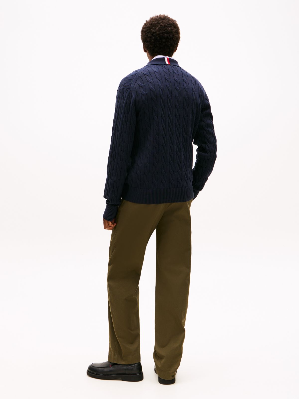 Cable Knit Zip Polo Cardigan — Navy Blue