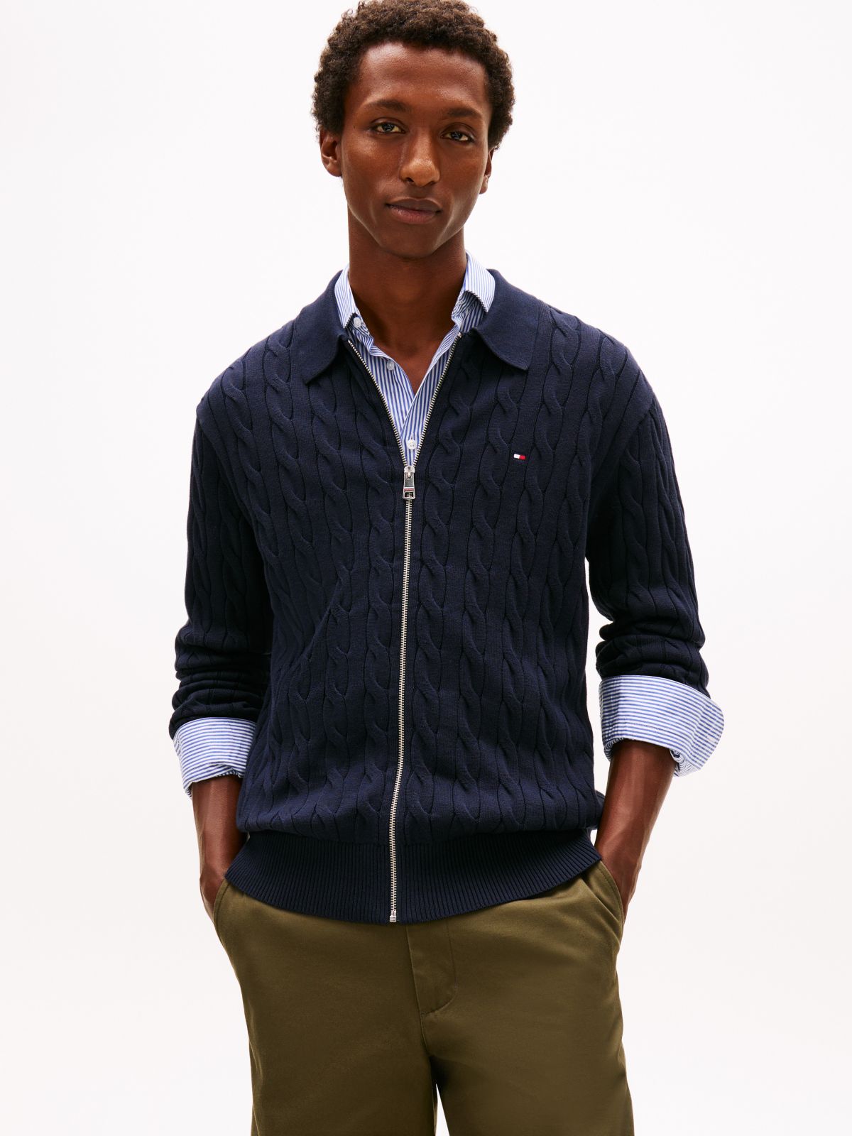 Cable Knit Zip Polo Cardigan — Navy Blue