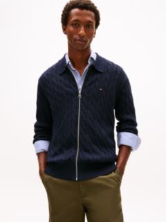 Cable Knit Zip Polo Cardigan — Navy Blue 1