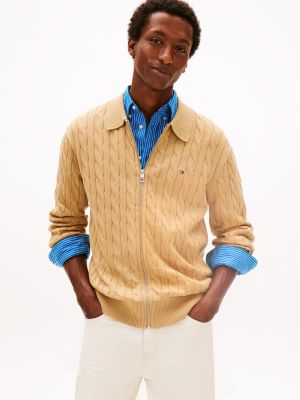 Cable Knit Zip Polo Cardigan, Classic Khaki