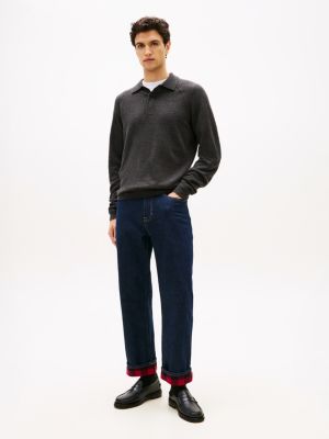 Plaid-Lined Straight Loose Jean, Rinse Wash