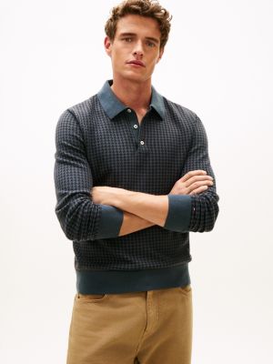 Houndstooth Wool-Blend Sweater Polo, Military Denim