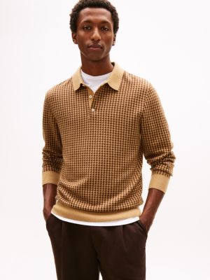 Houndstooth Wool-Blend Sweater Polo, Safari Canvas