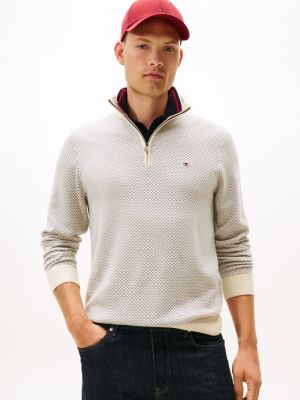 Quarter-Zip Mockneck Sweater, Ivory Heather