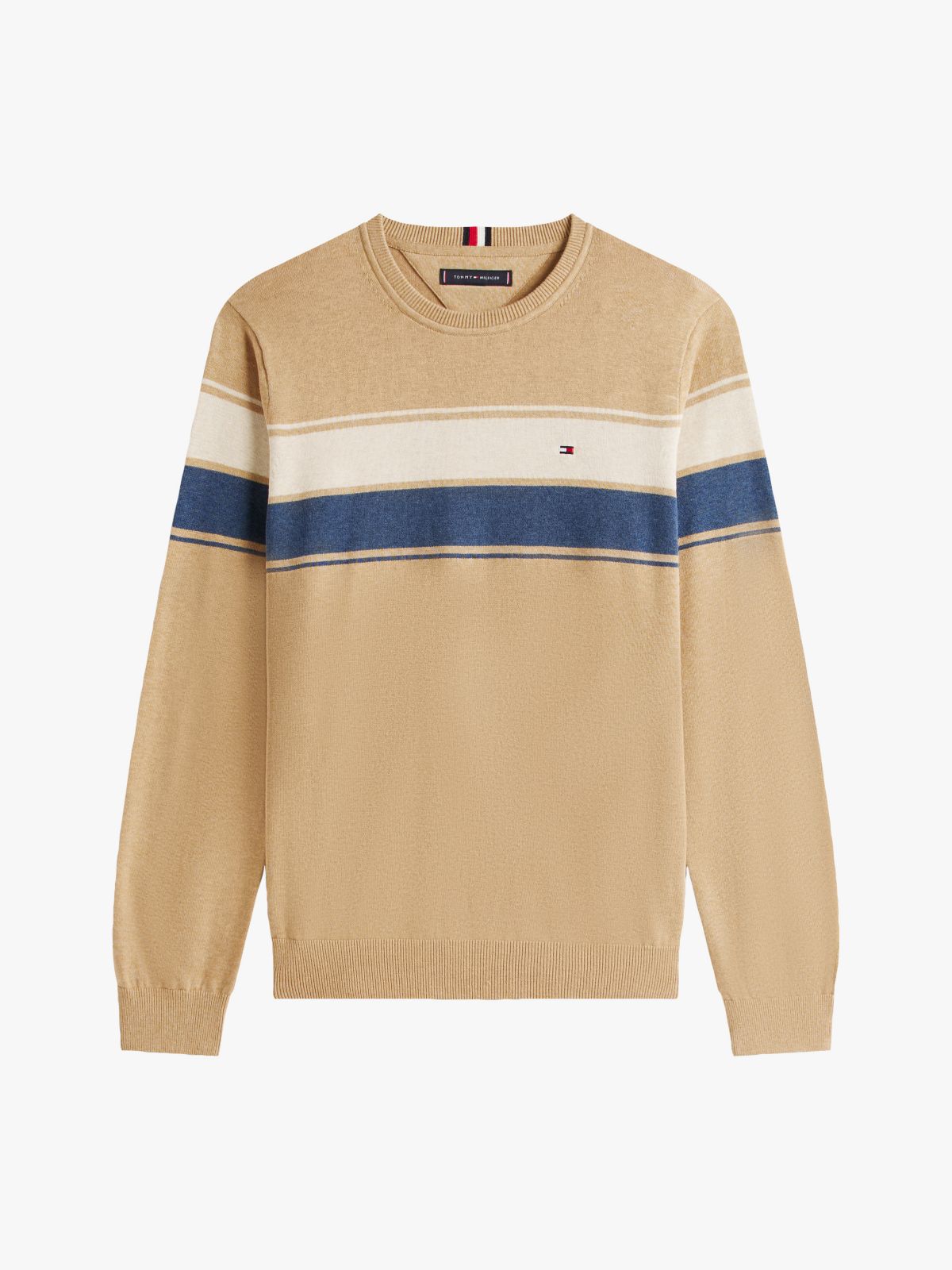 Block-Stripe Crewneck Sweater — Beige