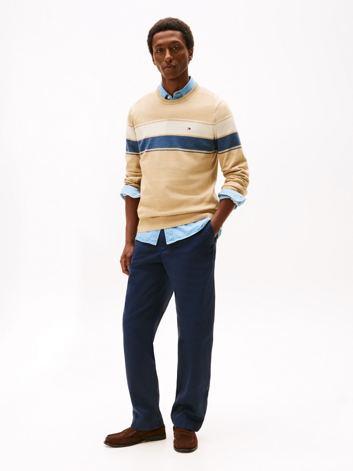 Block-Stripe Crewneck Sweater — Beige