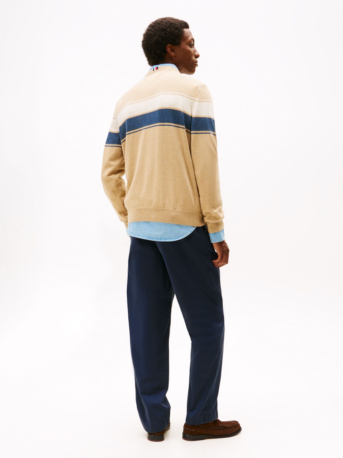 Block-Stripe Crewneck Sweater — Beige