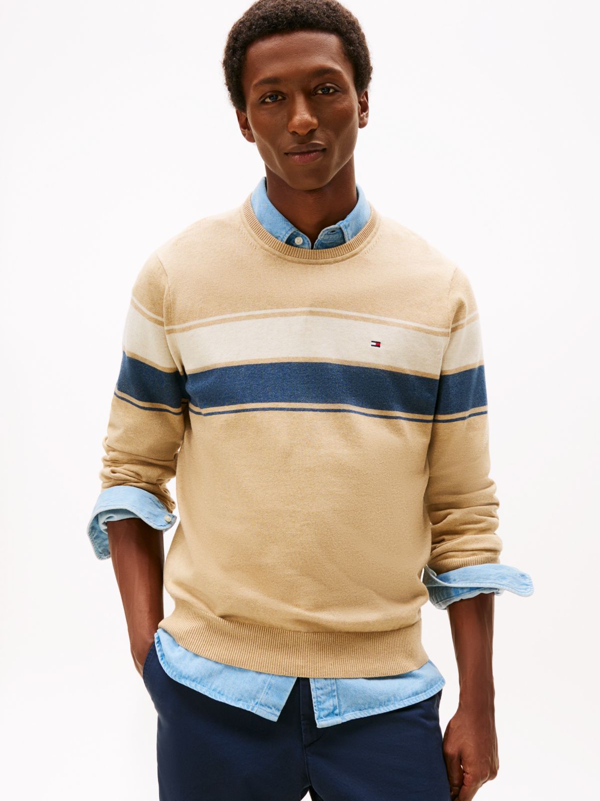 Block-Stripe Crewneck Sweater — Beige