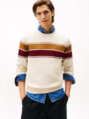 Block-Stripe Crewneck Sweater, Ivory Heather