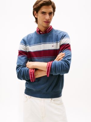 Block-Stripe Crewneck Sweater, Blue Heather
