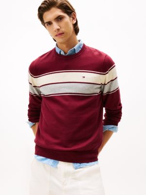 Block-Stripe Crewneck Sweater, Deep Rouge