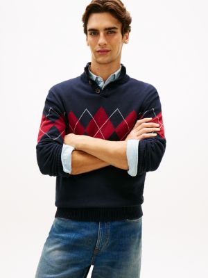 Argyle Quarter-Button Mockneck Sweater, Navy