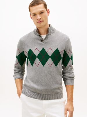 Argyle Quarter-Button Mockneck Sweater, Grey Heather
