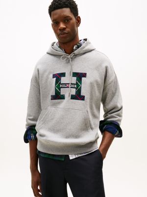 Plaid Monogram Fleece Hoodie, Grey Heather